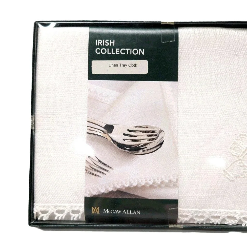 NEW McCAW ALLAN Irish Linen Tray Cloth Claddagh Embroidery White Lace Edge Box